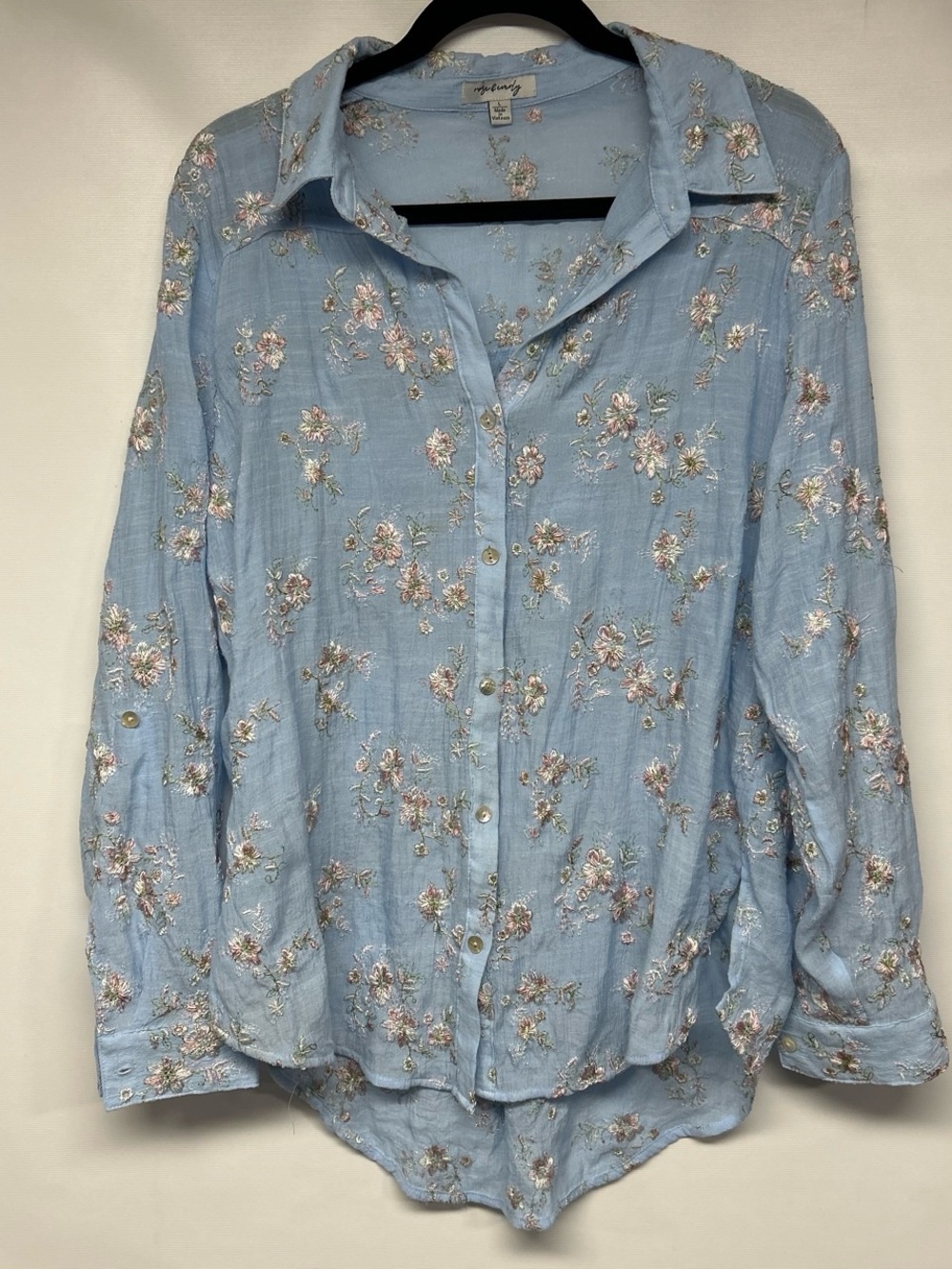 Embroidered Pale Blue Button-Down Shirt with Floral Accents